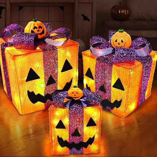 [ 8 Modes & Timer ] 3 Pack Lighted Halloween Pumpkin Decorations Gift Box | Battery Operated Jack... | Amazon (US)