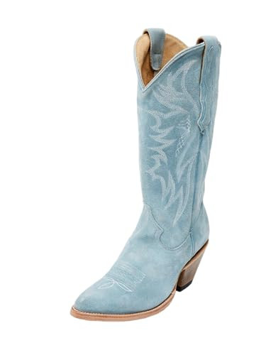 KaroNairy Women Cowboy Boots Faux Suede Embroidered Pointed Thick Heeled Western Wide Calf Cowgirl Ponited Toe Mid Calf Boots Sky Blue9.5 | Amazon (US)