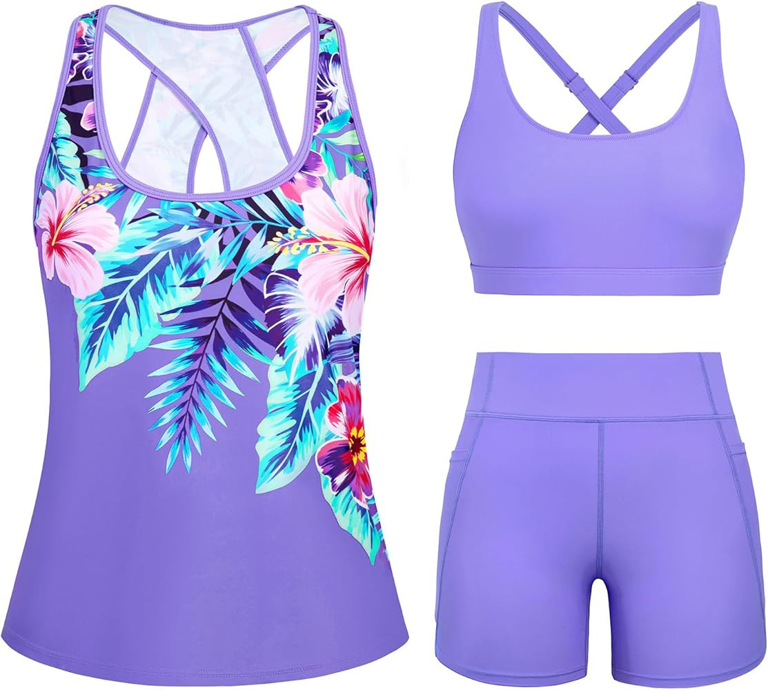 HUSKARY 3 Piece Tankini Swimsuits for Women Swim Tank Top with Bra and High Waist Boy Shorts with... | Amazon (CA)