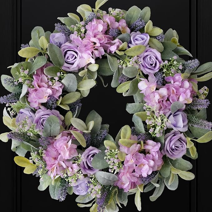 Artificial Spring Wreath for Front Door 22 Inch, Greenery Lamb's Leaves Summer Wreaths with Purpl... | Amazon (US)