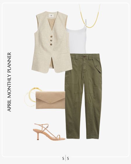 Monthly outfit planner: APRIL: Spring looks | vest, barrel pant, heeled sandal, clutch

Workwear, office attire, chic style 

See the entire calendar on thesarahstories.com ✨ 


#LTKstyletip