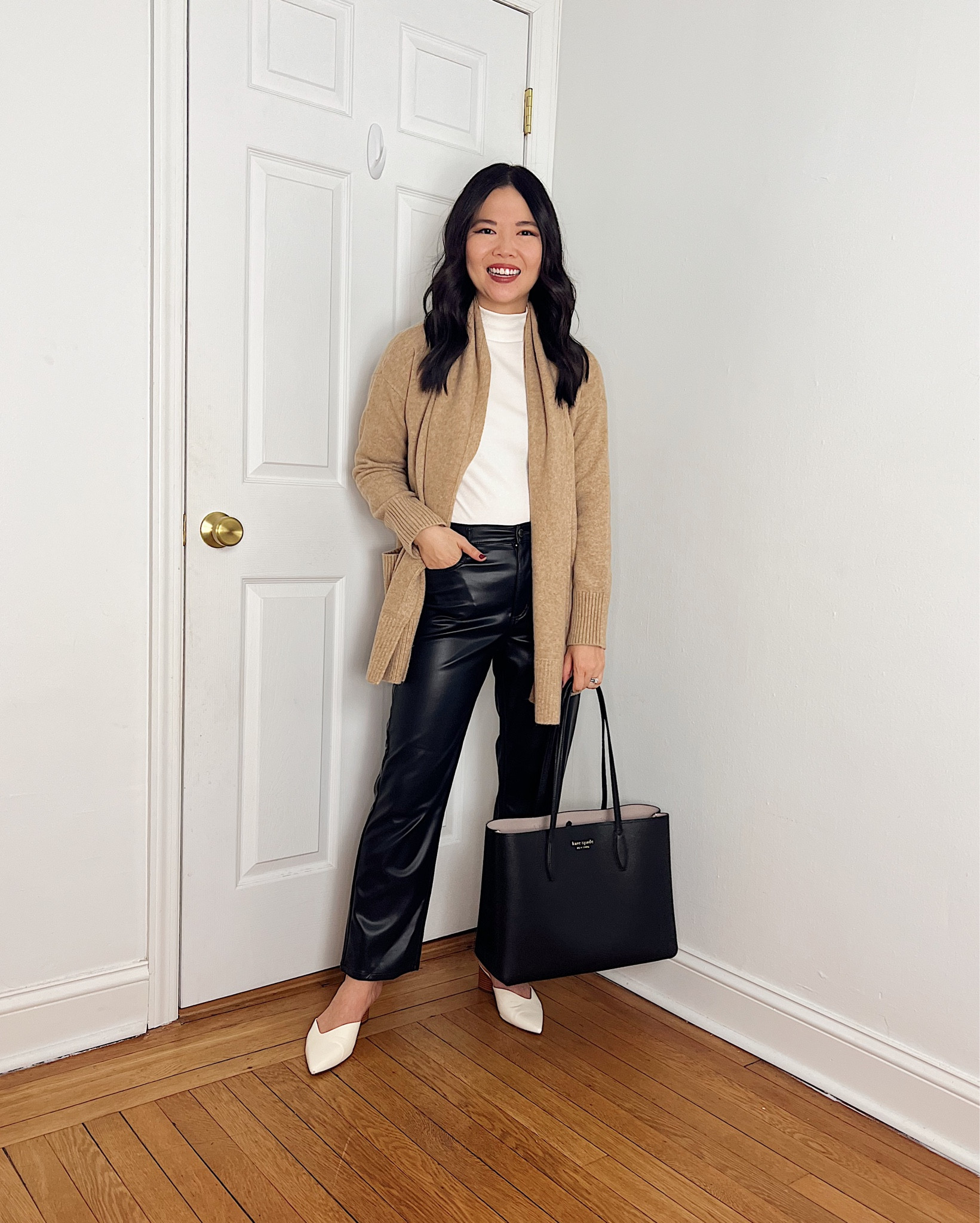 Camel scarf sweater (XS)
Sweater with built in scarf
White mock neck too (XS)
Faux leather pants (27P)
Black pants 
Black tote bag
White pumps (1/2 size up)
White mule pumps
Neutral outfit
Winter outfit
Winter date night outfit
LOFT outfit
Smart casual outfit

#LTKsalealert #LTKSeasonal #LTKfindsunder50