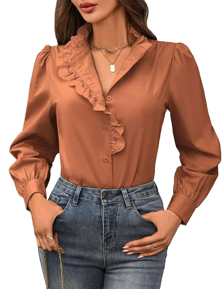 Women's Long Sleeve Shirts - Ruffles Mock Neck Button Down Tops Fall Dressy Elegant Solid Retro W... | Amazon (US)