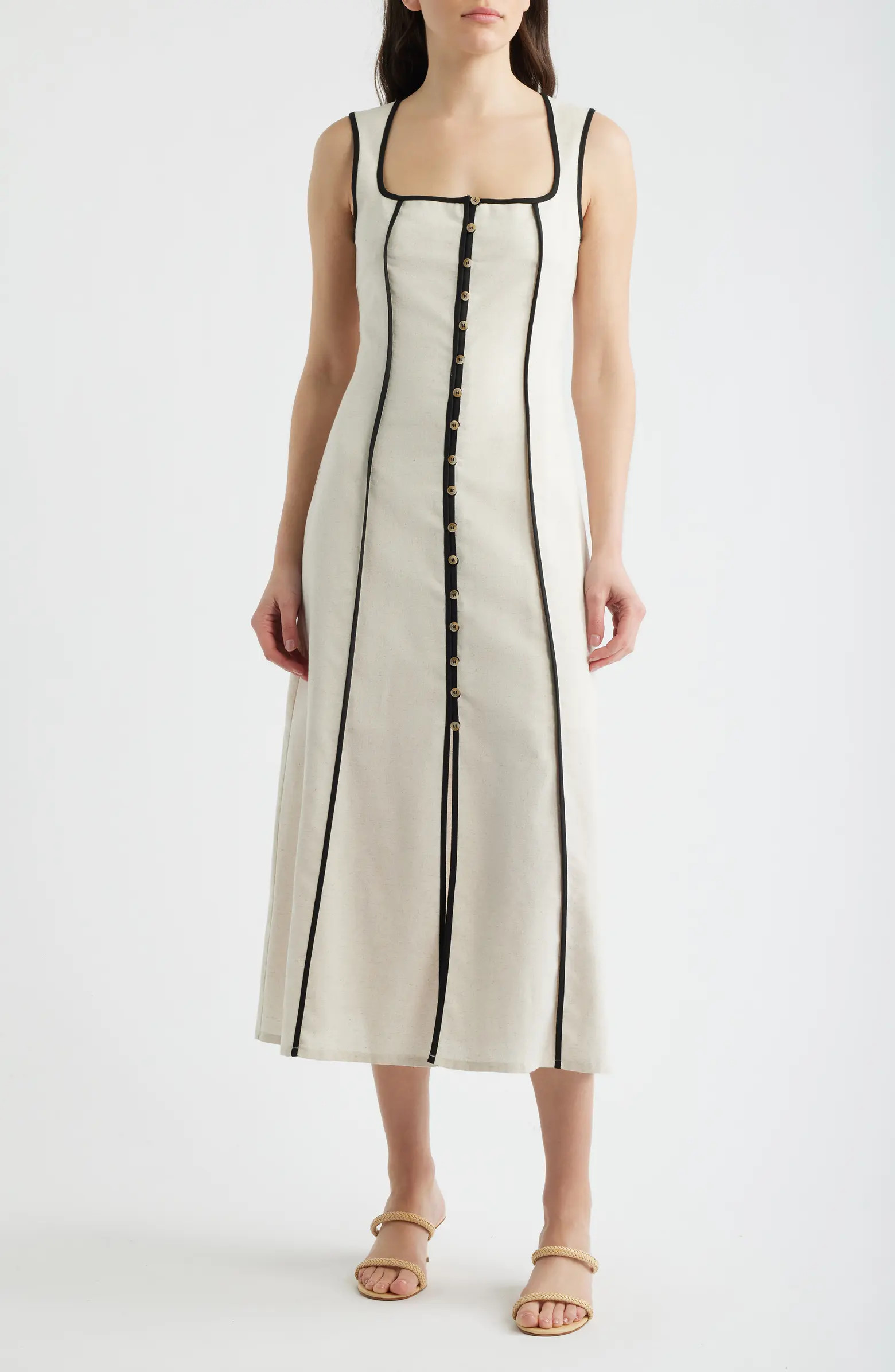 Contrast Piping Square Neck Button-Up Midi Dress | Nordstrom