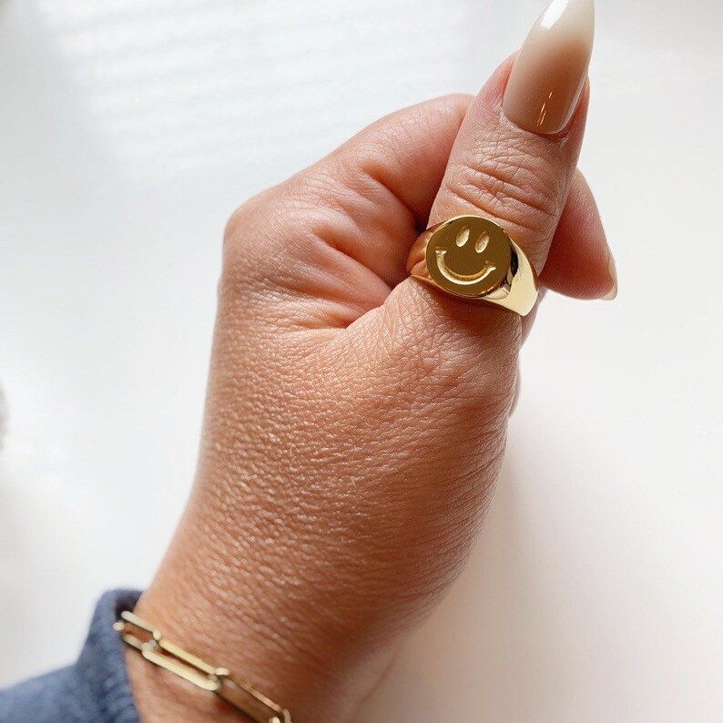 Gold Plated Smiley Face Ring, Signet Statement Ring, Trendy Happy Face, Gifts For Her, Blogger Go... | Etsy (US)