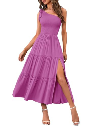 MEROKEETY Women's 2026 Summer Sleeveless Midi Dress One Shoulder Knot Smocked Split Formal Cocktail Wedding Guest Dresses, Plum, XL | Amazon (US)