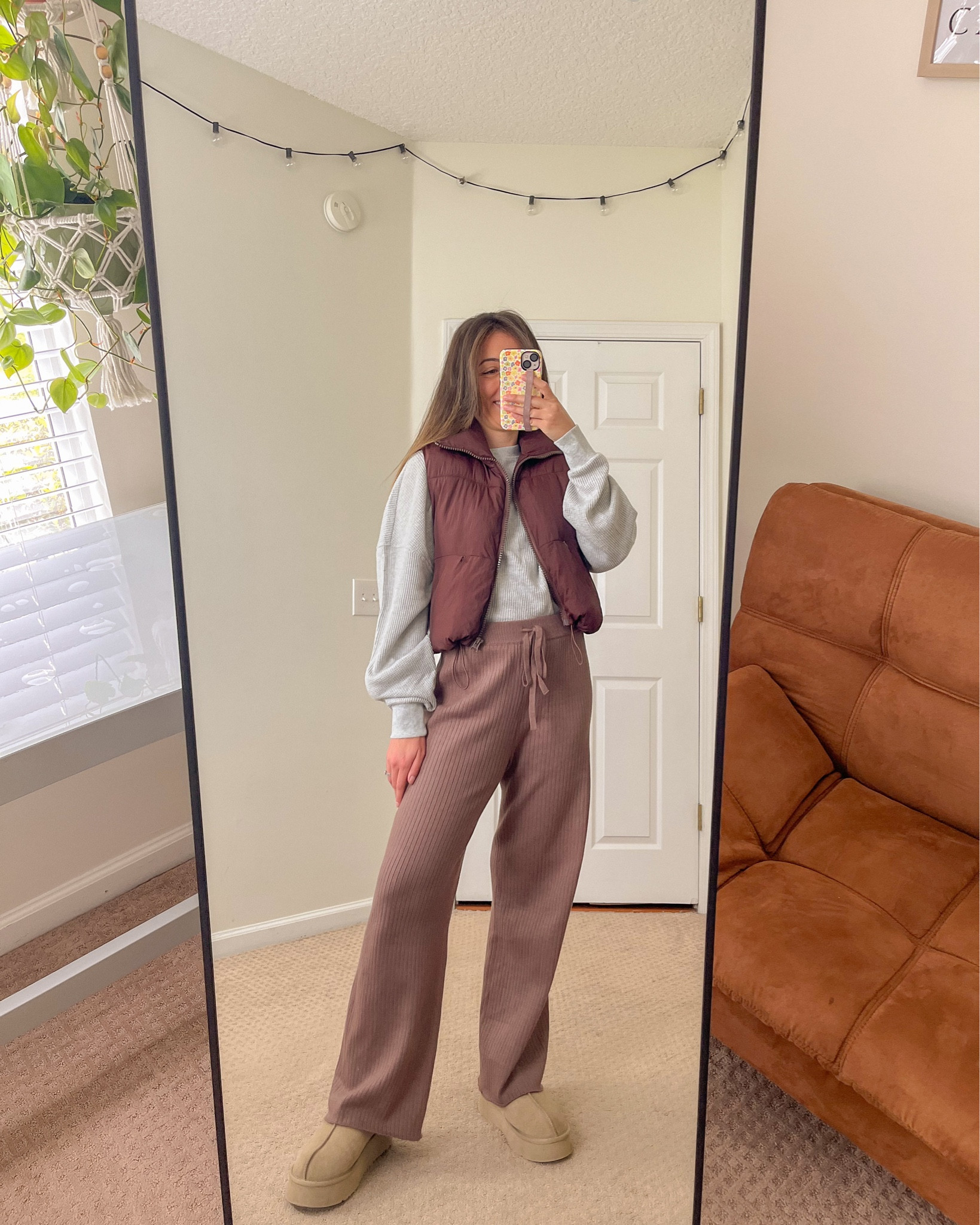 Casual Fall / Winter Outfit Idea Inspo; Waffle Knit Top, Ribbed Knit Pants, Viral Cropped Puffer Vest, Ugg Tazz Mustard Seed

#LTKstyletip