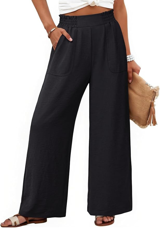 NIMIN Women Wide Leg Palazzo Pants High Waisted Casual Lounge Pants Flowy Loose 2026 Summer Black... | Amazon (US)