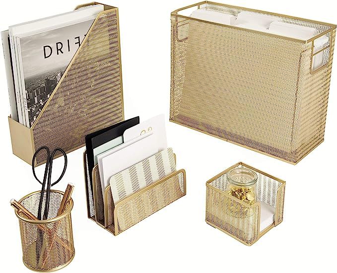 Blu Monaco 5 Piece Office Supplies Gold Desk Organizer Set - Desktop Hanging File Organizer - Des... | Amazon (US)