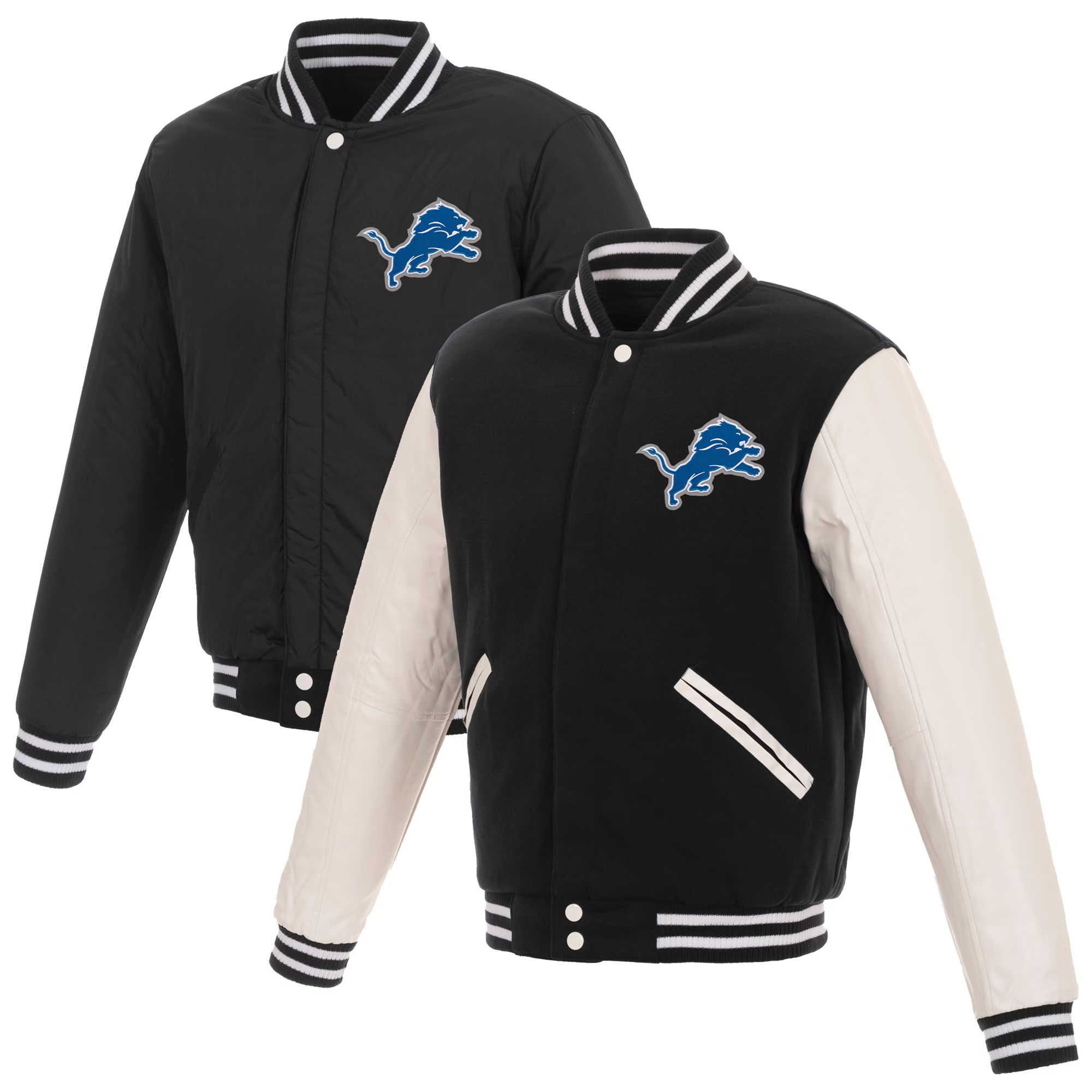Men's Detroit Lions NFL Pro Line by Fanatics Branded Black/White Reversible Fleece Full-Snap Jack... | NFL Shop