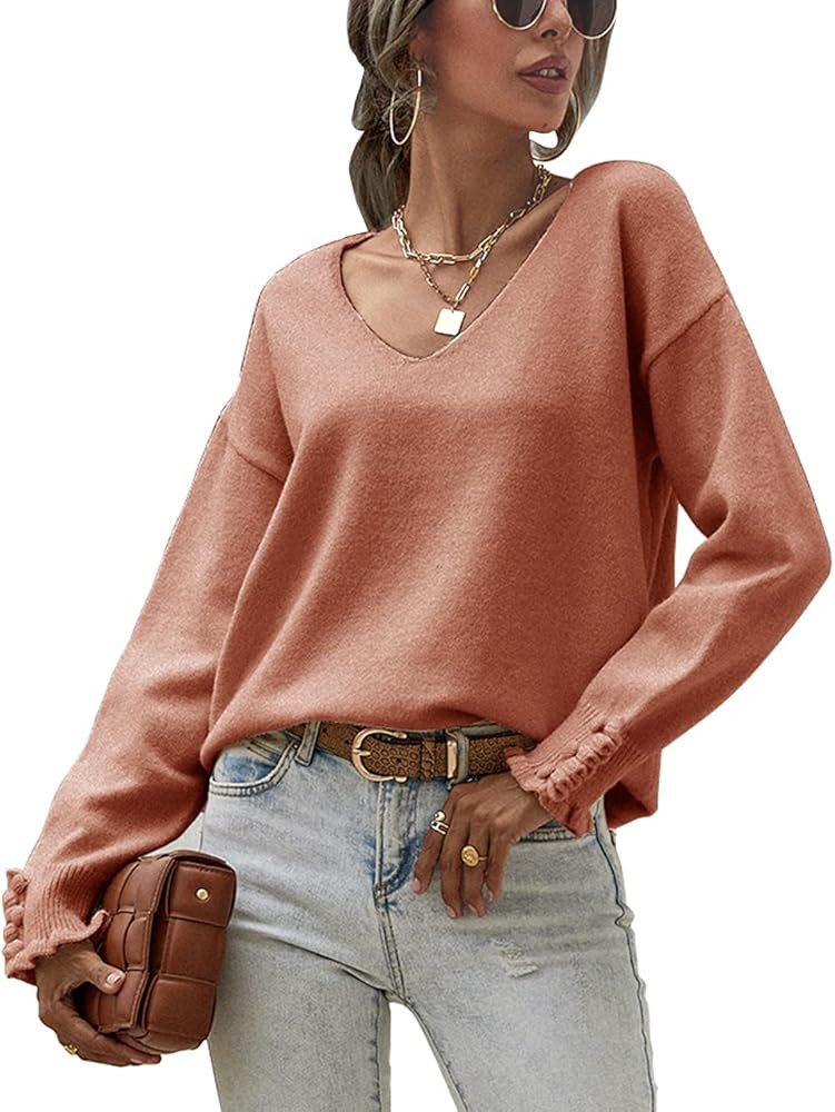 Amkoyam Women's Fall Winter Long Sleeve V Neck Knitted Sweaters Casual Loose Cuff Button Solid Co... | Amazon (US)