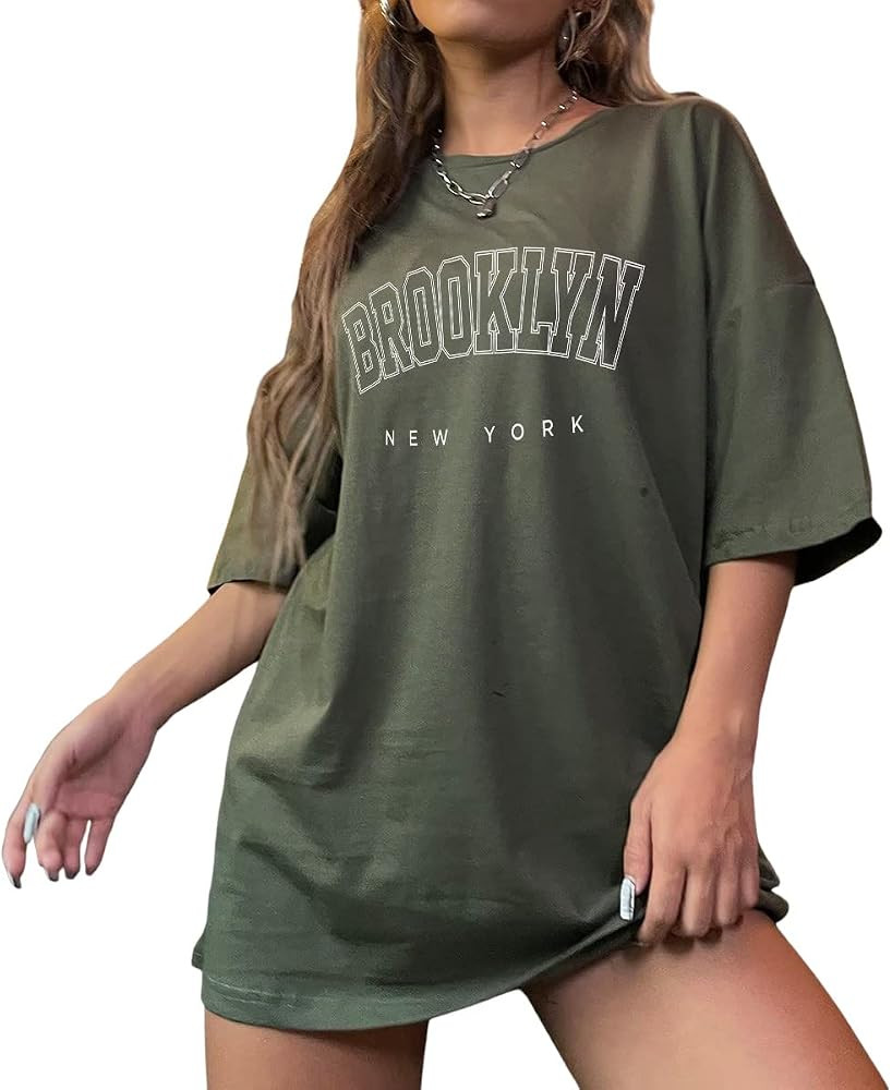 Cozyease Women's Letter Print Oversized Round Neck Short Sleeve Casual T Shirt Top | Amazon (US)