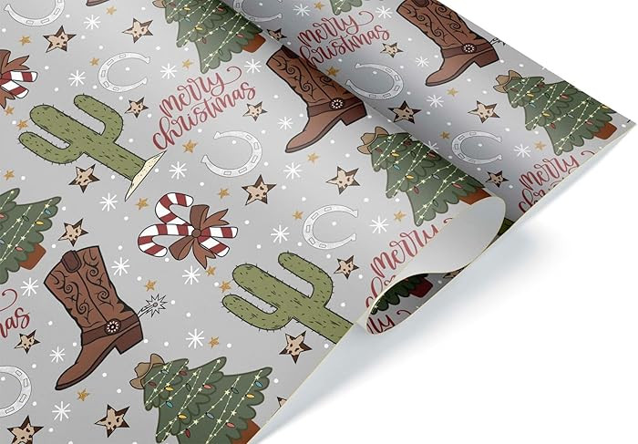 Cute Cowboy Western Gift Wrap Merry Christmas Thick Wrapping Paper Cowgirl Boot Party Decoration ... | Amazon (US)