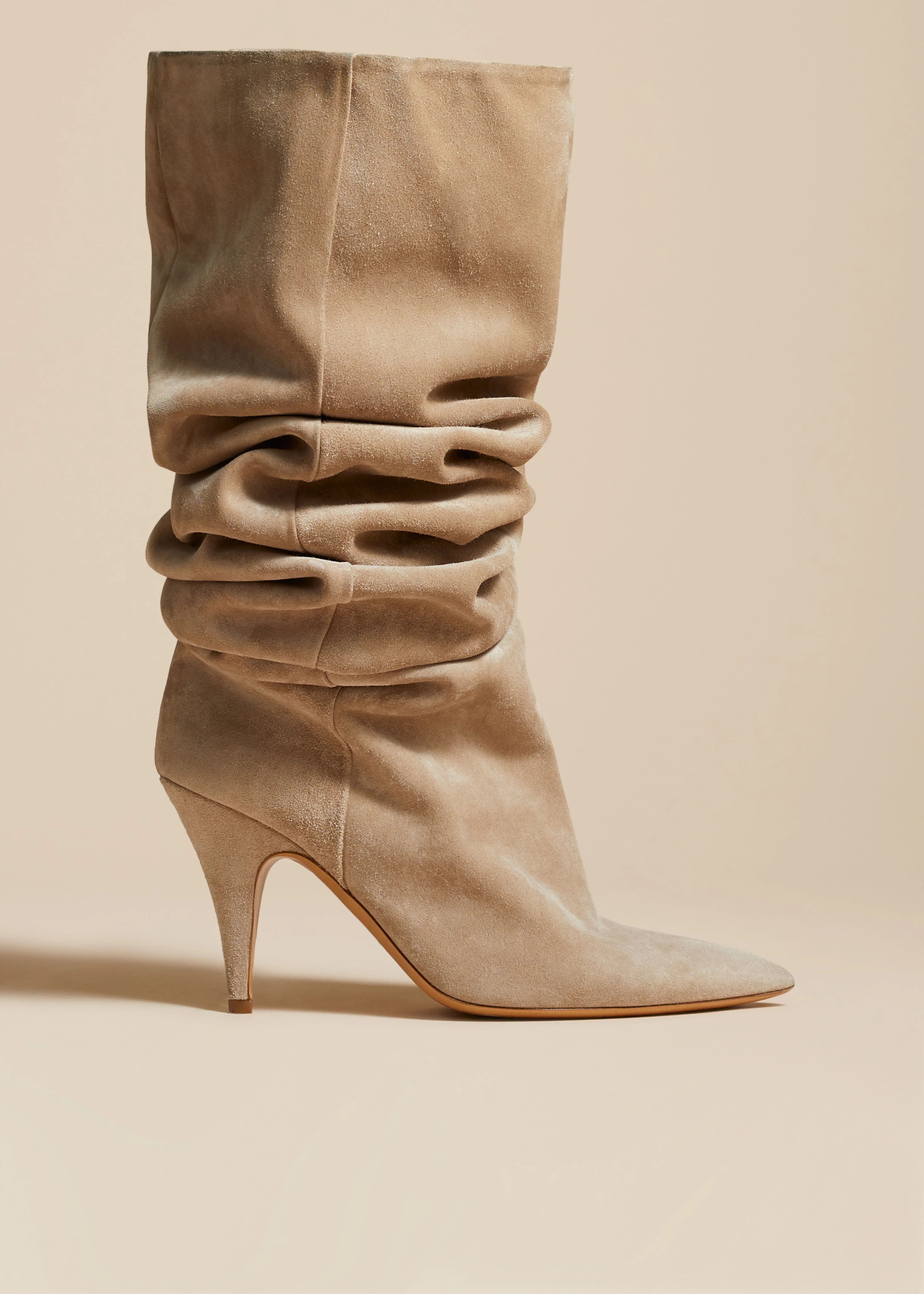 KHAITE - The River Knee-High Boot In Beige Suede | Khaite