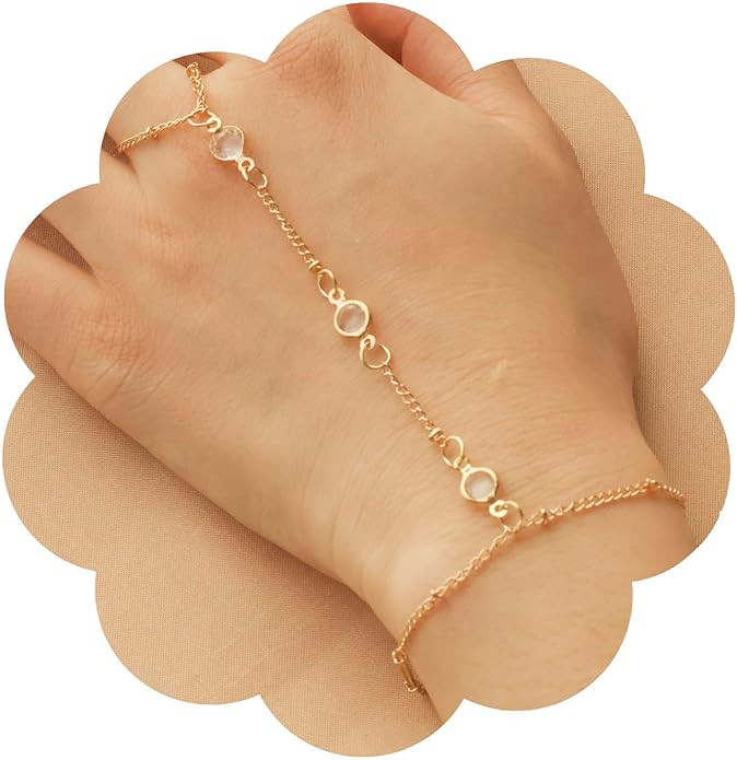 Hand Chain Jewelry for Women,Ring Chain Bracelet, 14K Yellow Gold Plated Dainty Cubic Zirconia Br... | Amazon (US)