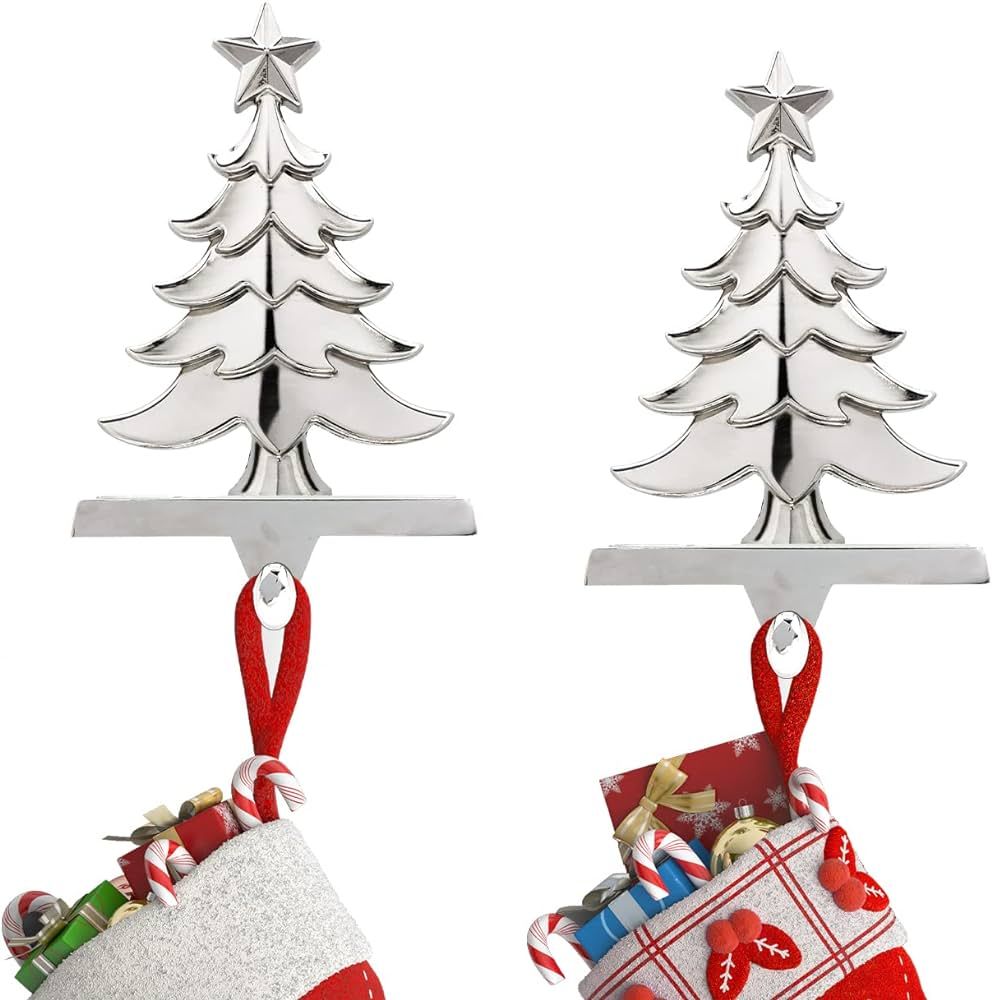 HEIPINIUYE Stocking Holders for Mantle Set of 2 Silver Metal Christmas Tree Stocking Hanger Stock... | Amazon (US)