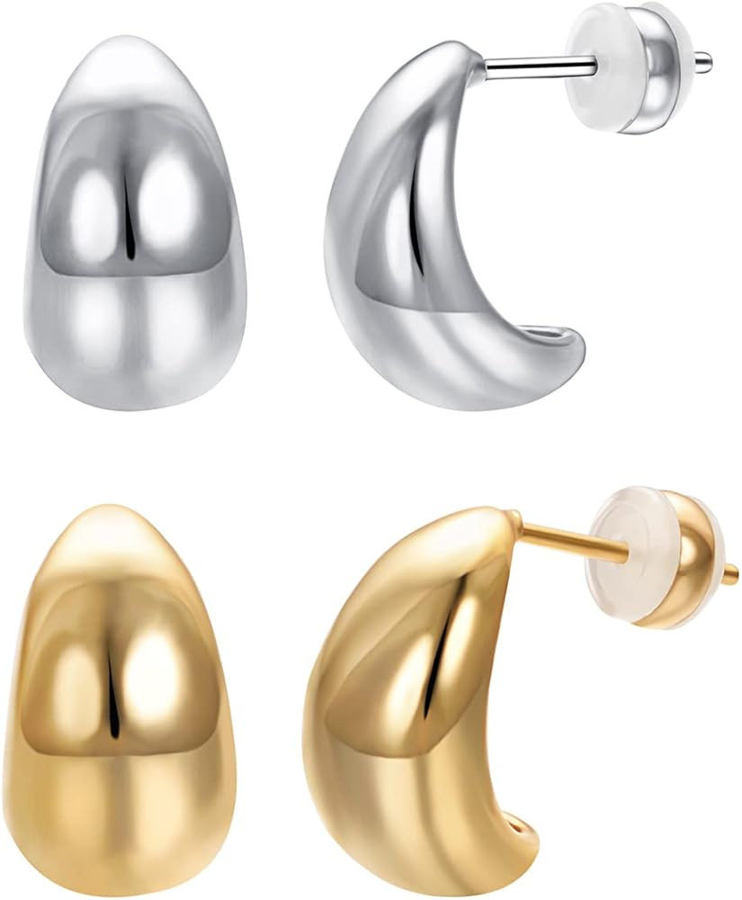 Airokiy Teardrop Earrings 2 Pairs, Chunky Gold Hoop Earrings for Women, 14K Gold Plated Sterling ... | Amazon (US)