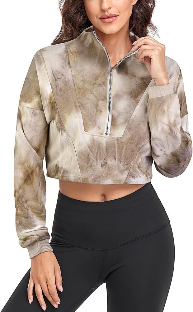 Luranee Women's Half Zip Oversized Sweatshirt Drop Shoulder Long Sleeves Crop Tops Collar 1/2 Zipper | Amazon (US)