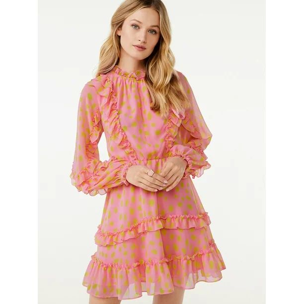 Scoop Women's Long Sleeve Ruffle Mini Dress - Walmart.com | Walmart (US)