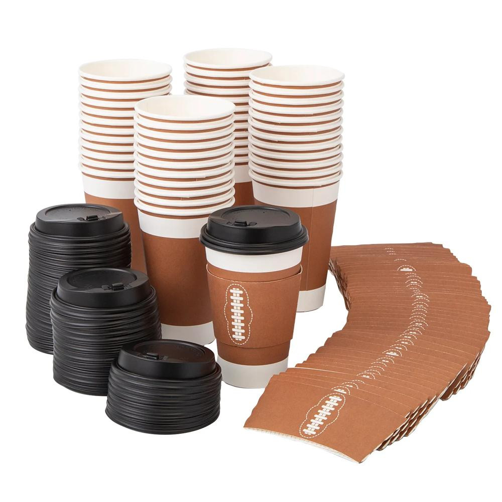 16 oz. Bulk 48 Ct. Football Disposable Paper Coffee Cups with Lids & Sleeves | Oriental Trading Company