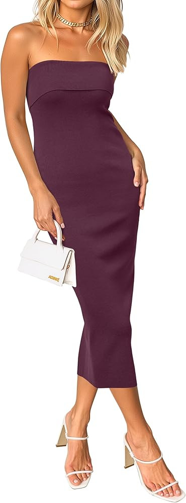 Arach&Cloz Women's Summer Mulberry Silk Blend Bodycon Strapless Back Slit Midi Dress Elegant Wedd... | Amazon (US)