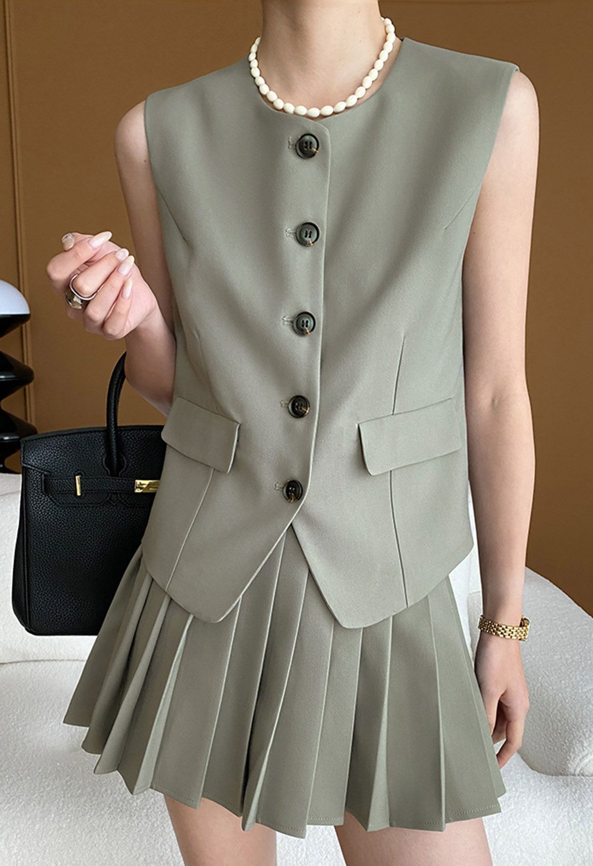 Button Front Vest Blazer and Pleated Mini Skirt Set in Grey | Chicwish
