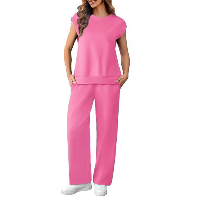 Pinspark 2 Piece Sets for Women Summer Lounge Set Cap Sleeves Sweatsuit Cropped Wide Leg Pants Matching Travel Tracksuit Pink XXL | Target