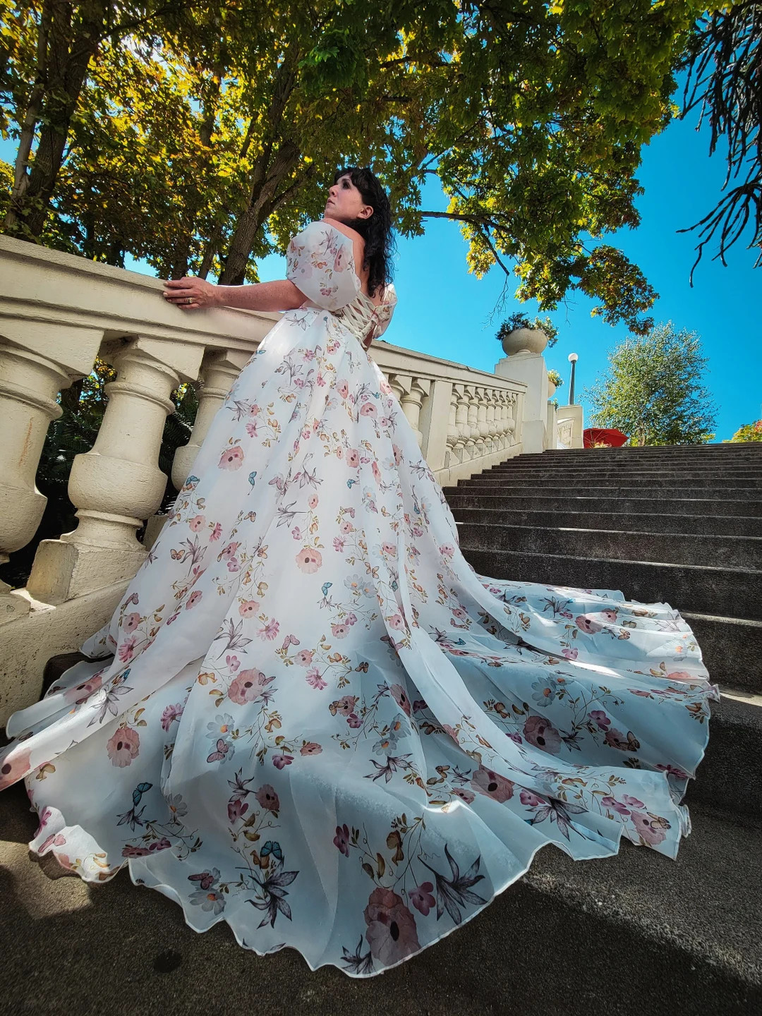 Romantic Floral Print Pink Off The Shoulder Detachable Puff Sleeve Aline Wedding Guest Formal Gow... | Etsy (US)