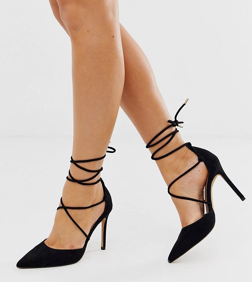 ASOS DESIGN Wide Fit Whisper tie leg high stiletto heels in black | ASOS (Global)