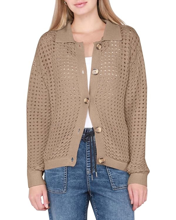 Langwyqu Womens Crochet Collared Cardigans Button Sexy Open Front Knitted Long Sleeve Hollow Out ... | Amazon (US)