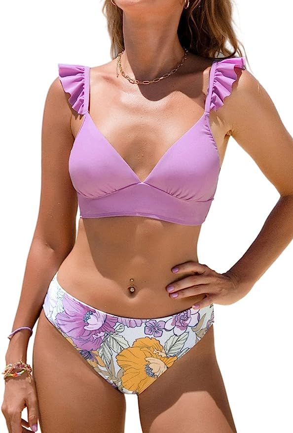 CUPSHE Women Swimsuit Bikini Set Two Piece Bathing Suit Ruffle Triangle Top Widen Trim Floral Bot... | Amazon (US)