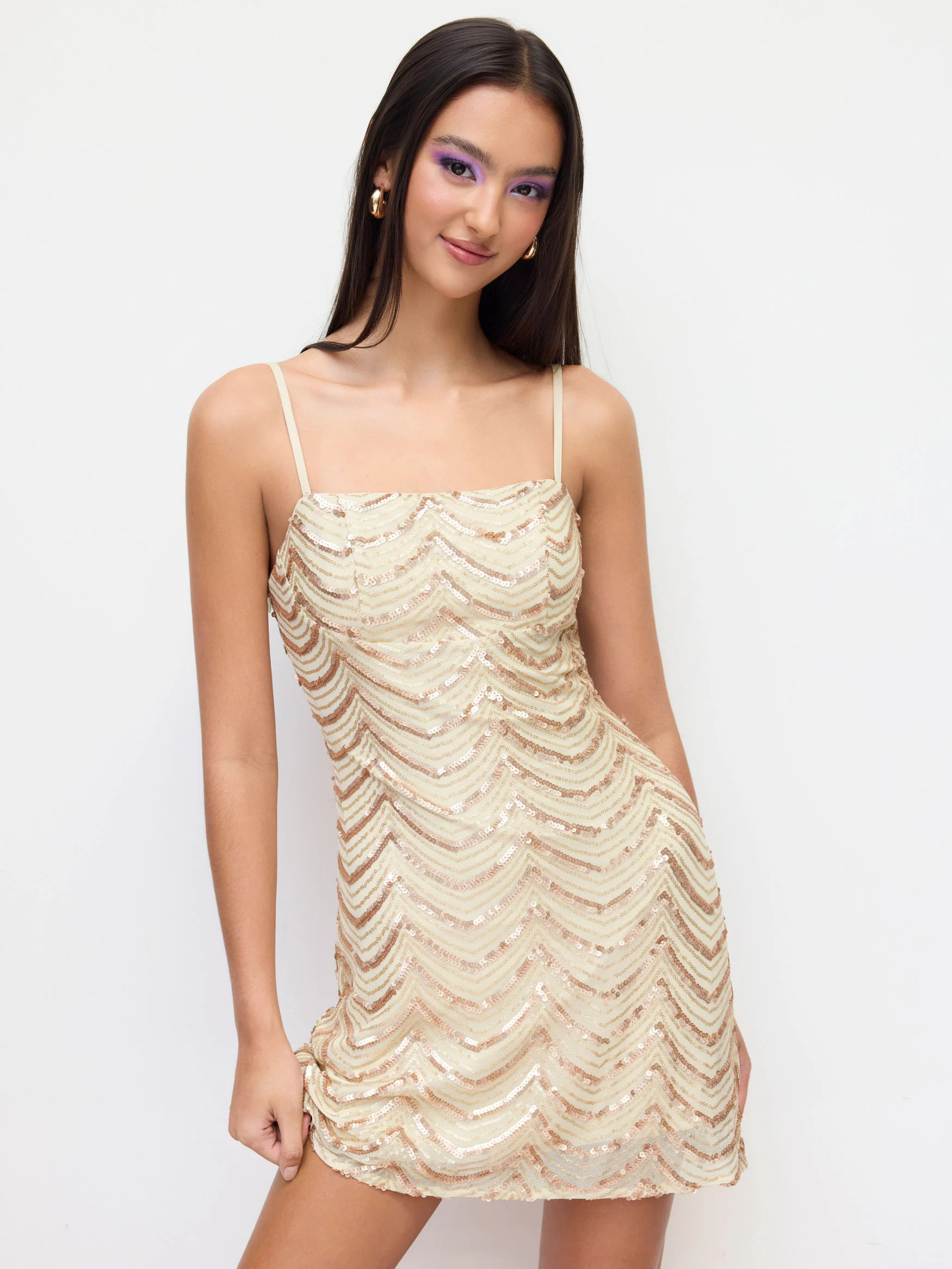 Homecoming Dress Homecoming Dress Sequins Sequin Abstract Wave Square Neck Cami Mini Dress For Da... | Cider