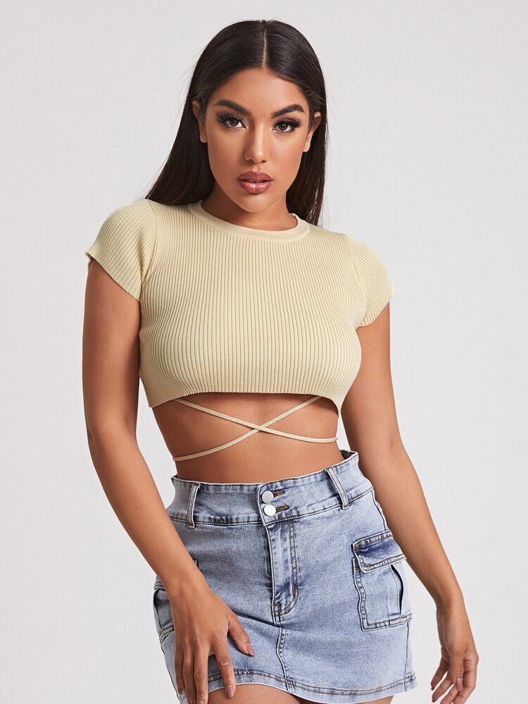 SHEIN Crisscross Hem Solid Crop Knit Top | SHEIN