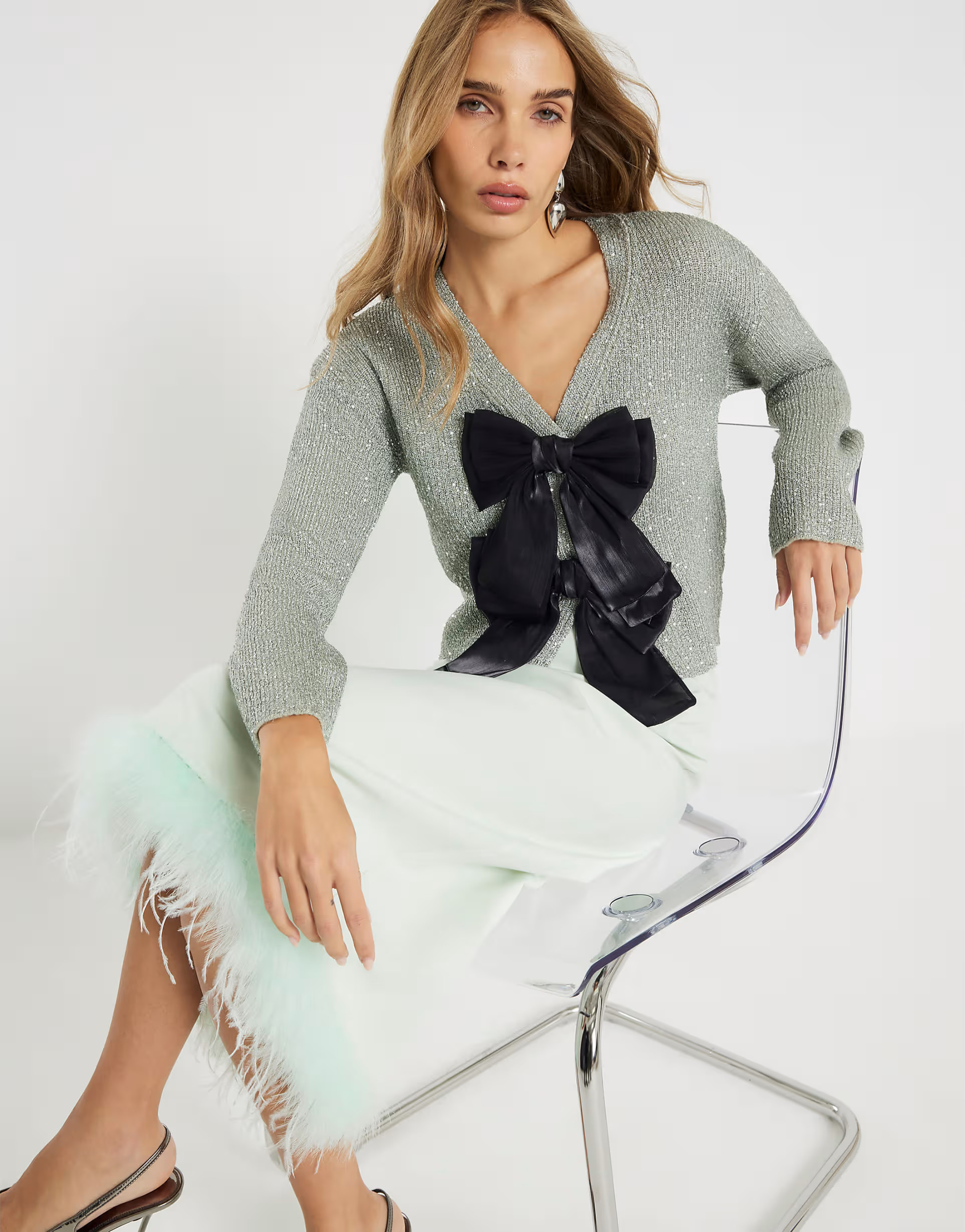 River Island Sequin knit bow cardigan in green - light | ASOS (Global)