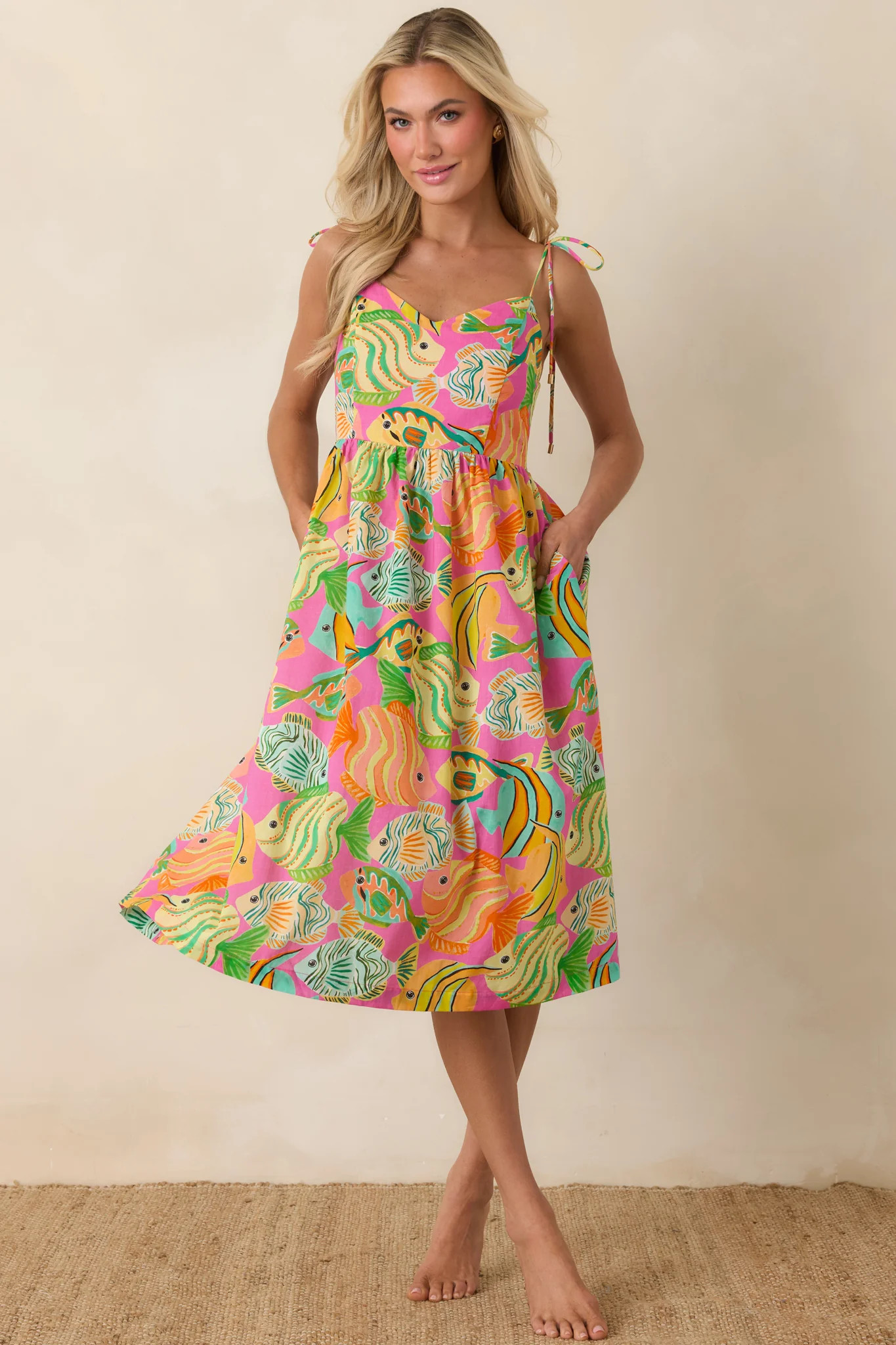 Paradisa Edgewater Pink Multi Cotton Fish Print Midi Dress | Red Dress