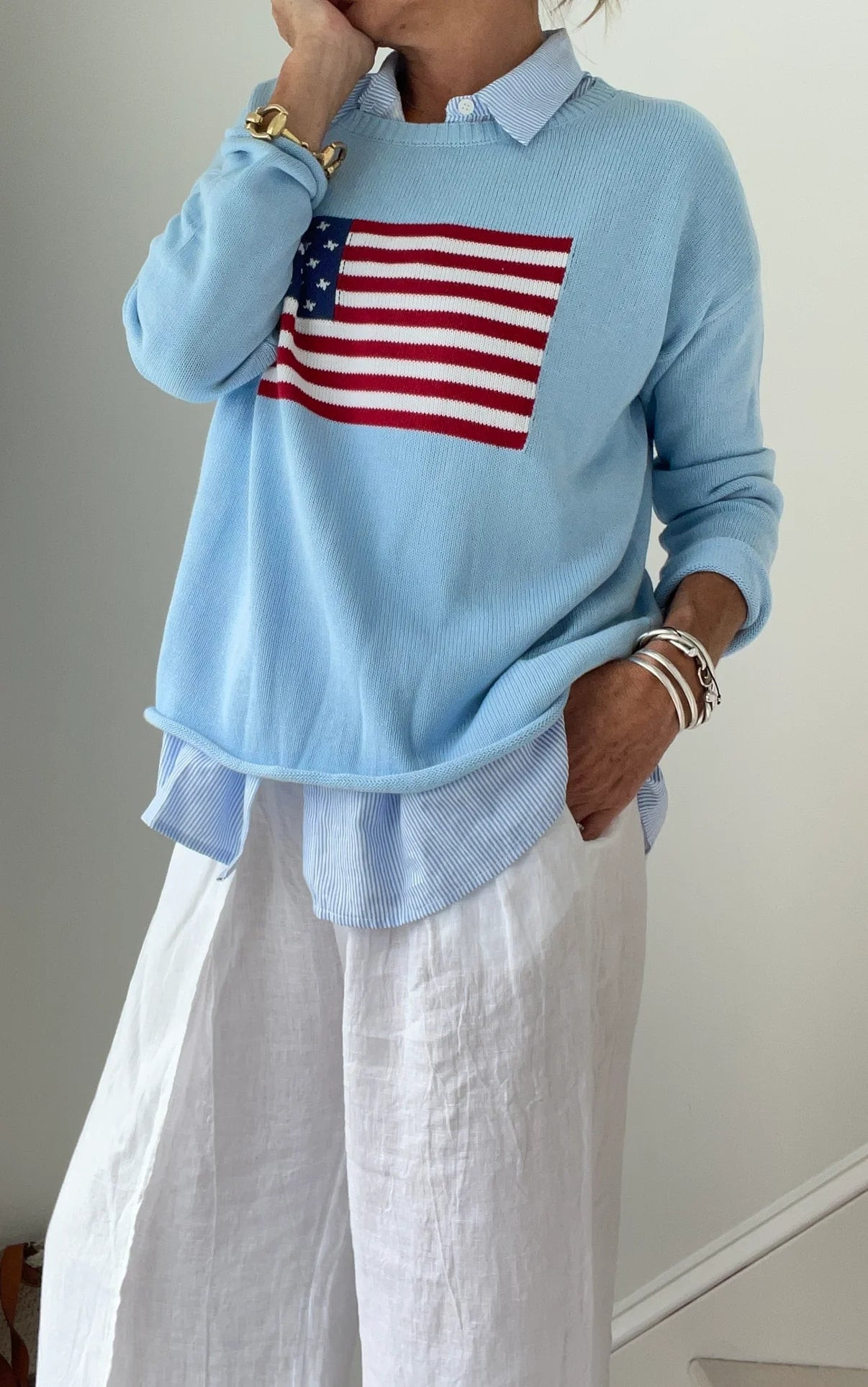 American Flag Light Blue Sweater | The Horseshoe Crab