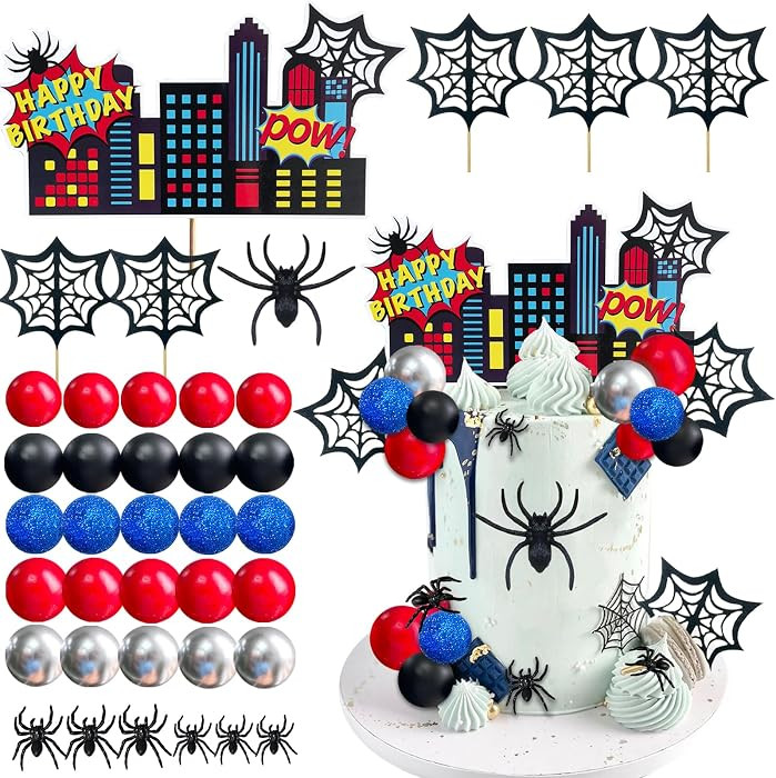 38pcs Spider Cake Topper Balls Cake Decorations Spider Web Cake Decor with Black Red Silver Glitt... | Amazon (US)
