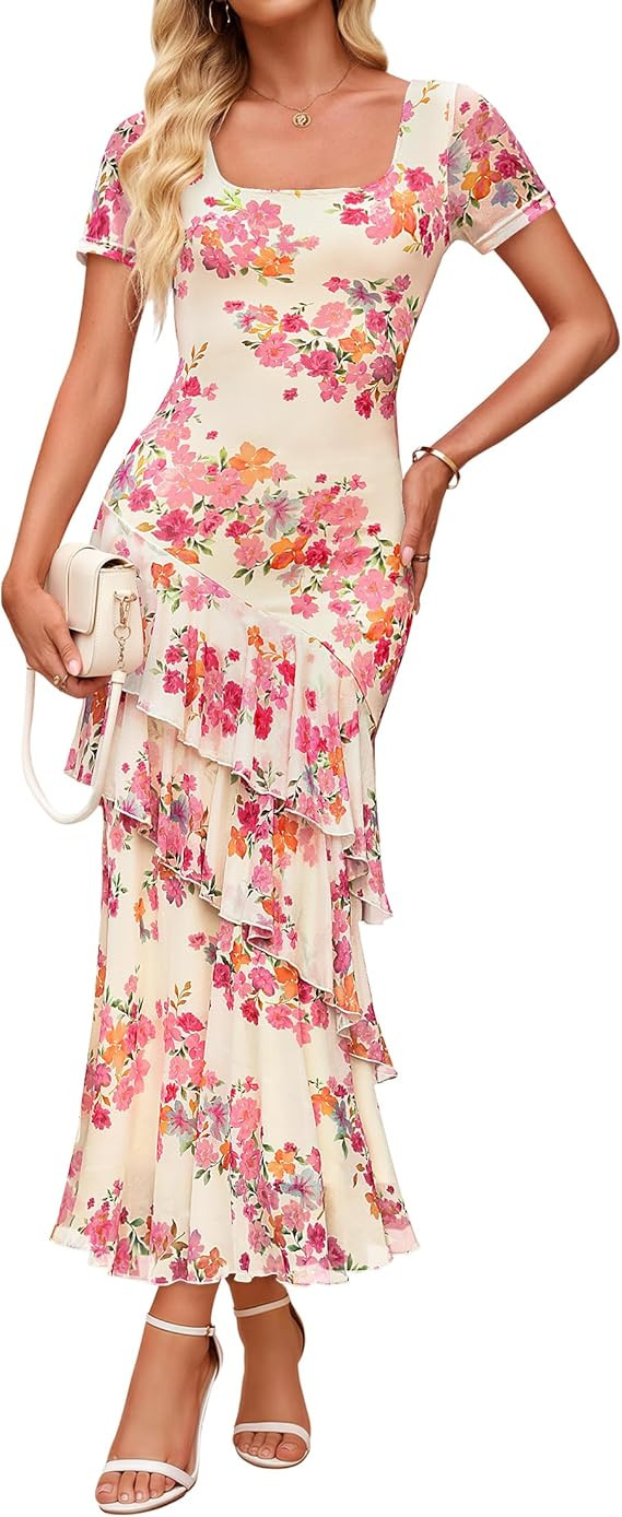 ZESICA Women's Summer Floral Bodycon Maxi Dress 2026 Square Neck Mesh Ruffle Elegant Cocktail Wed... | Amazon (US)