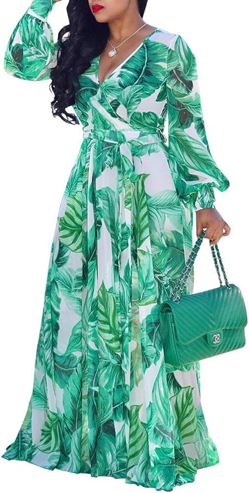 MS Mouse Womens Chiffon Wrap V Neck Long Sleeve Floral Maxi Dress with Belt | Amazon (US)