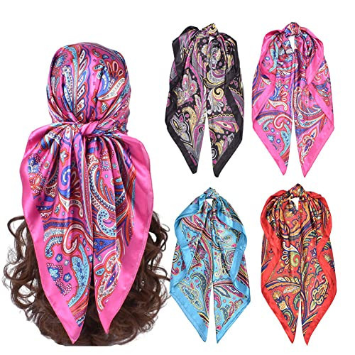 upeilxd 4Pcs Silk Head Scarves for Women Satin Hair Scarf 35”Large Square Bandana Silk Like Neck Scarf Shawl (Blue/Purple/Red/Black) | Amazon (US)
