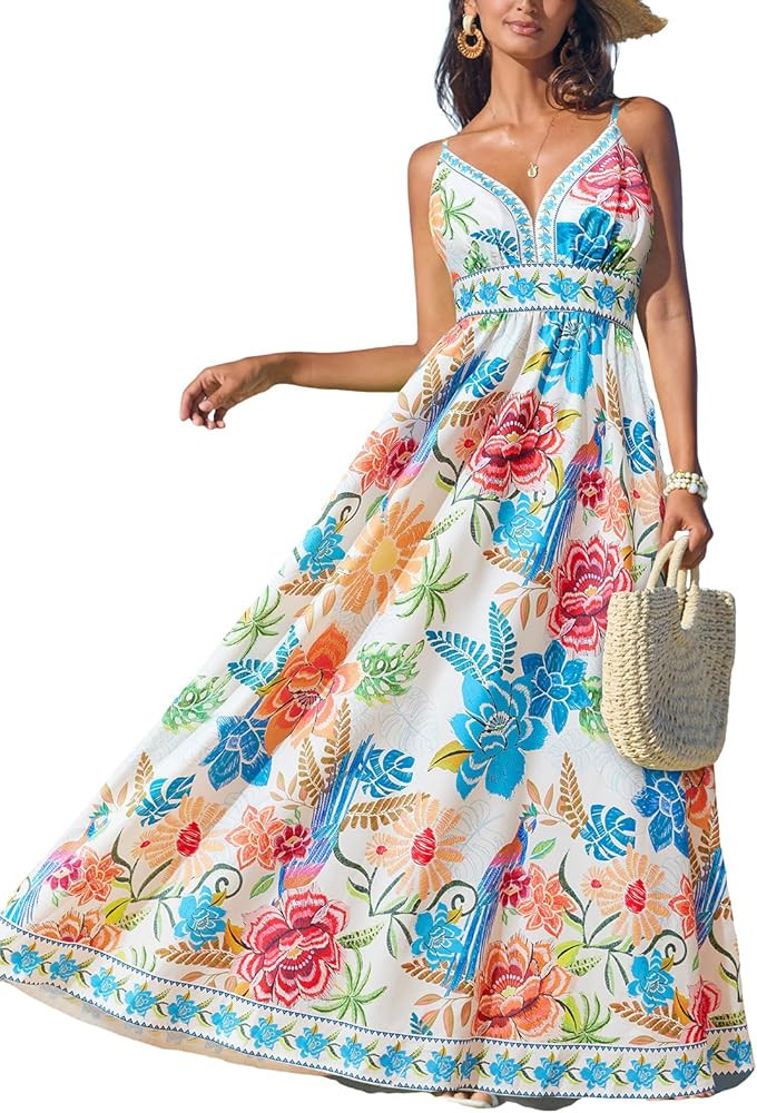 CUPSHE Women's Summer Dresses Casual Spring V Neck Sleeveless Floral Beach Vacation Long Spaghett... | Amazon (US)