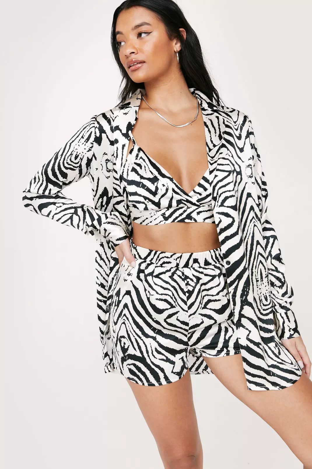 Satin Zebra Bralet Short Shirt 3-Pc Pajama Set | Nasty Gal (US)