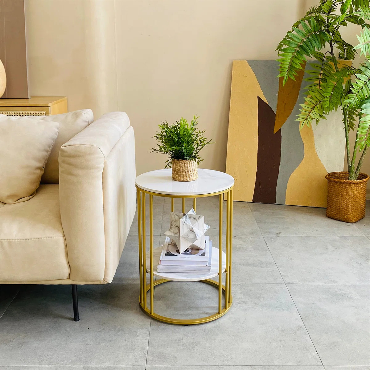 White Stone Side End Table 2-Tier Round Bedside Table With Storage Shelf | Wayfair North America