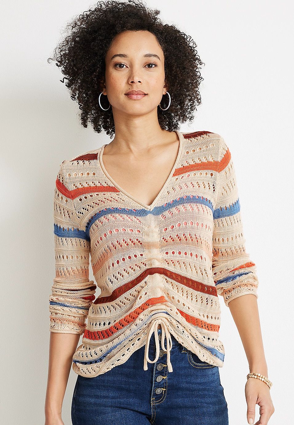 Striped Cinch Front Open Stitch Sweater | Maurices