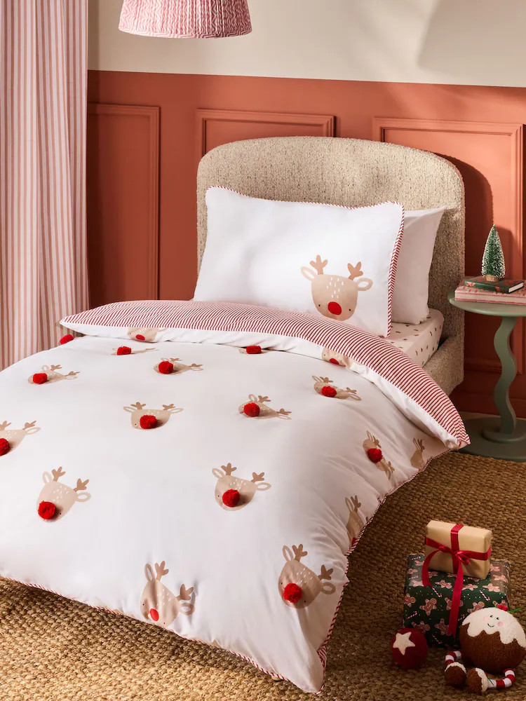 Reindeer Pom Christmas Duvet Cover and Pillowcases Set | Next US