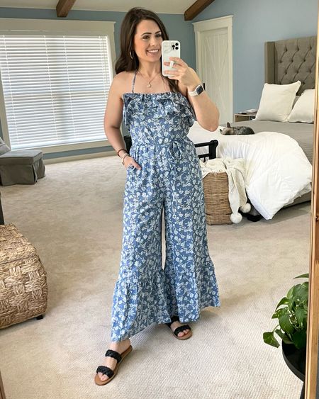 Amazon summer jumpsuit! Wearing a size medium. Has adjustable straps and straps can be removed. 

#LTKtravel #LTKunder100 #LTKSeasonal
