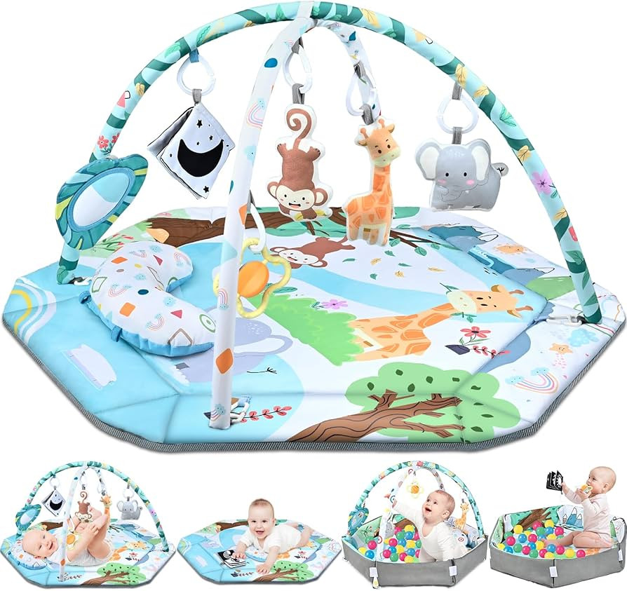 Baby Gym Play Mat, 8-in-1 Tummy Time Mat & Ball Pit with 6 Toys, Washable Baby Activity Play Mat ... | Amazon (US)