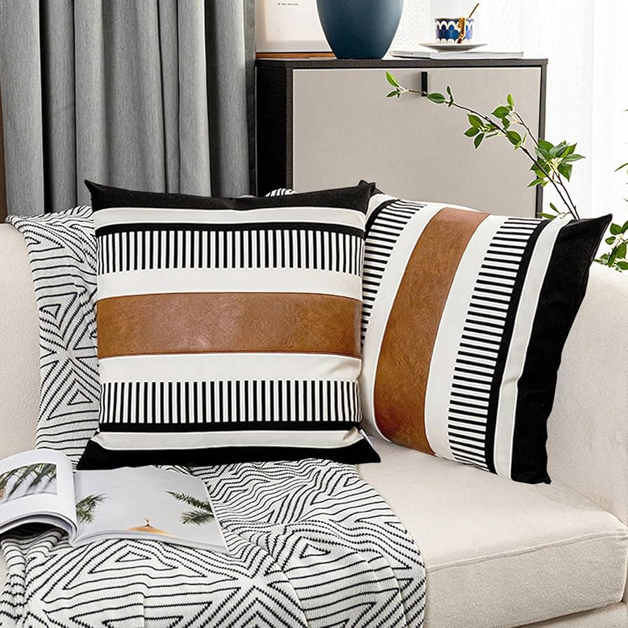 Pack of 2 Faux Leather and Cotton Patchwork Throw Pillow Covers for Sofa Couch Farmhouse Decorati... | Amazon (US)