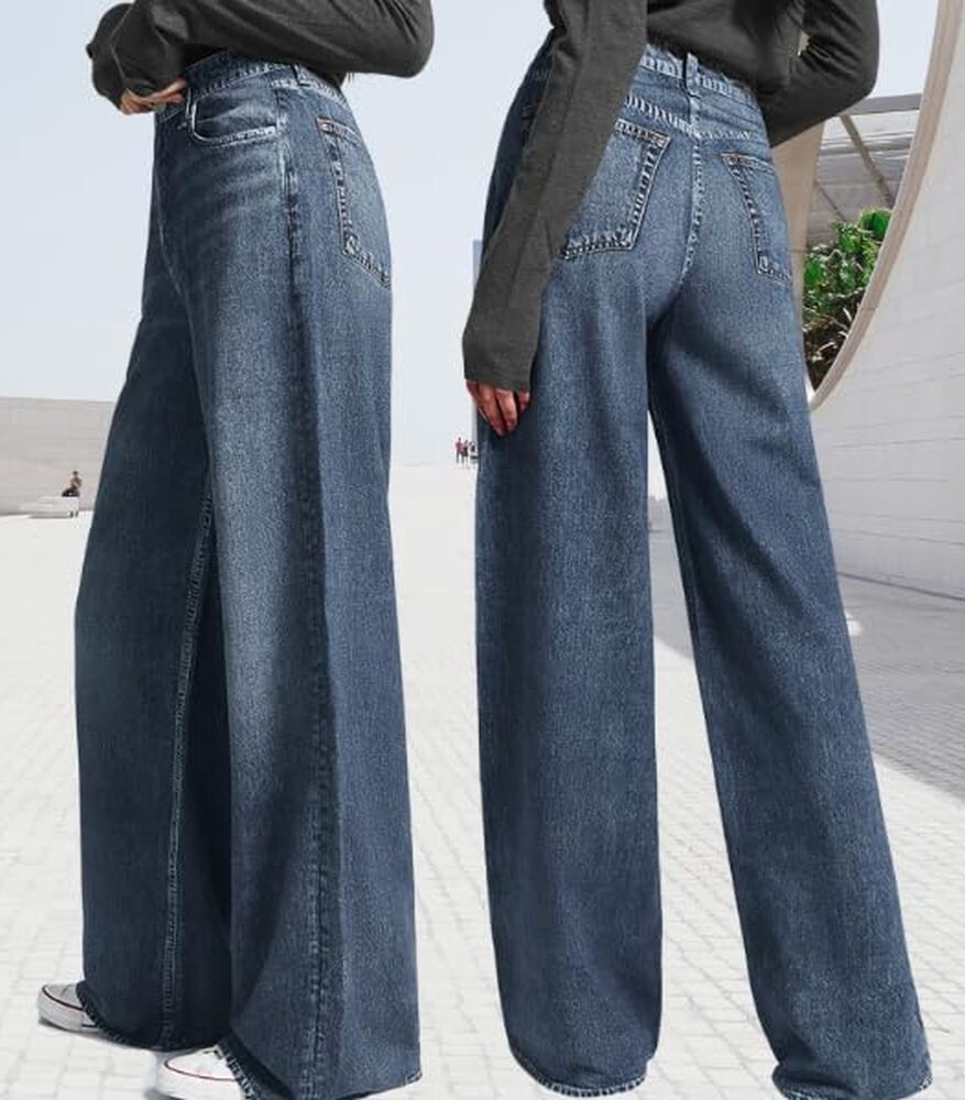 AnotherChill Women's Sweatpant Jeans Print Denim High Waisted Wide-Leg Baggy | eBay US