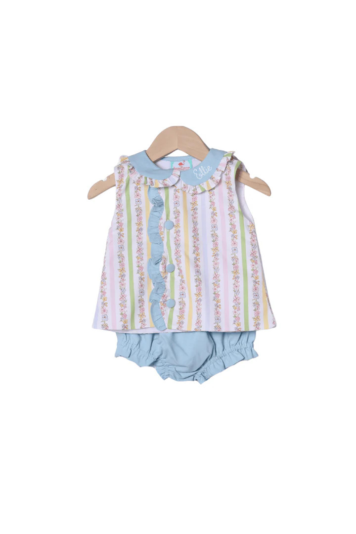 TSF x Shelby Back Pretty Floral Stripe Button Bloomer Set | The Smocked Flamingo